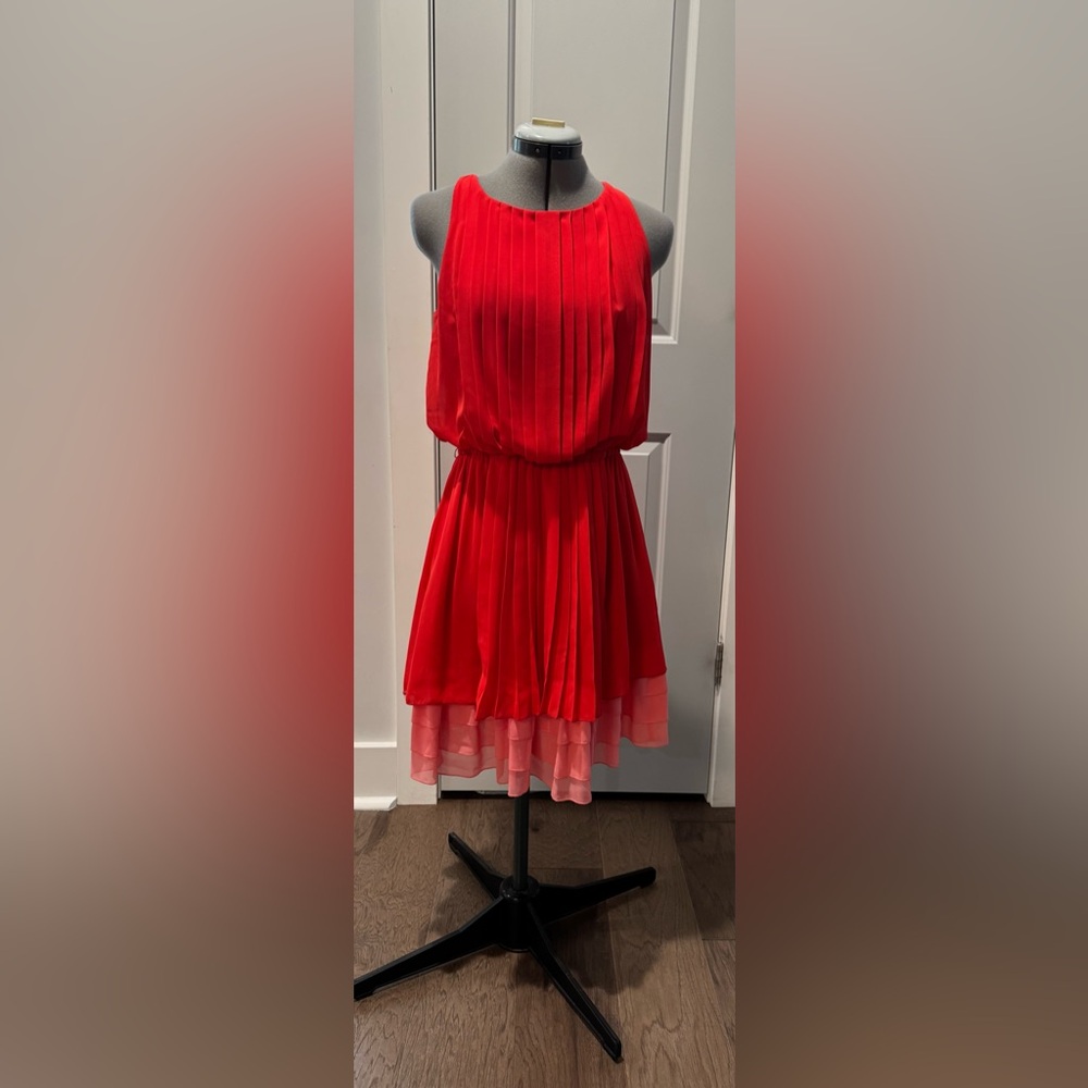 Elegant Coral Pleated Dress